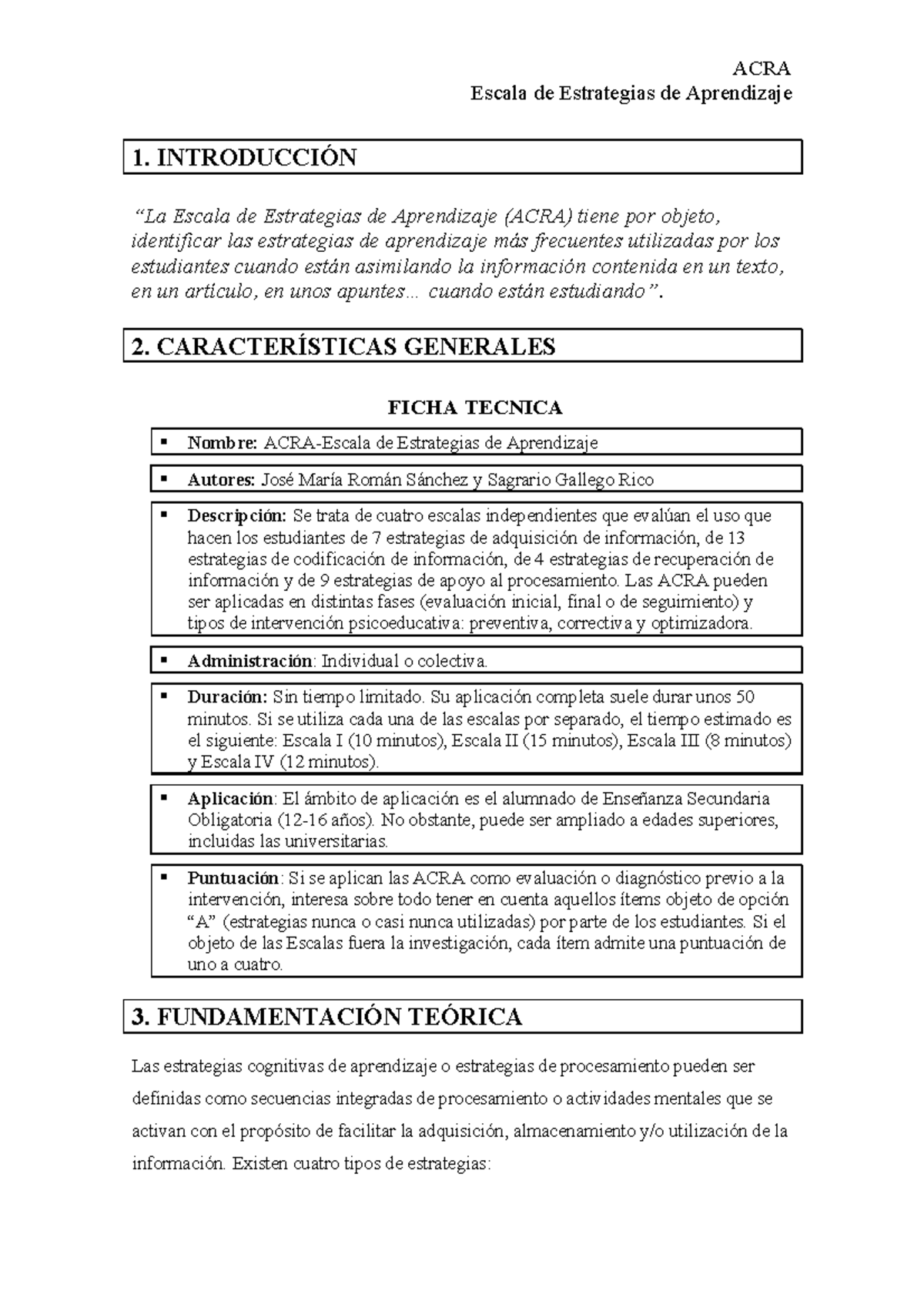 Escala ACRA de Estrategias de Aprendizaje: Manual y Aplicación - Studocu