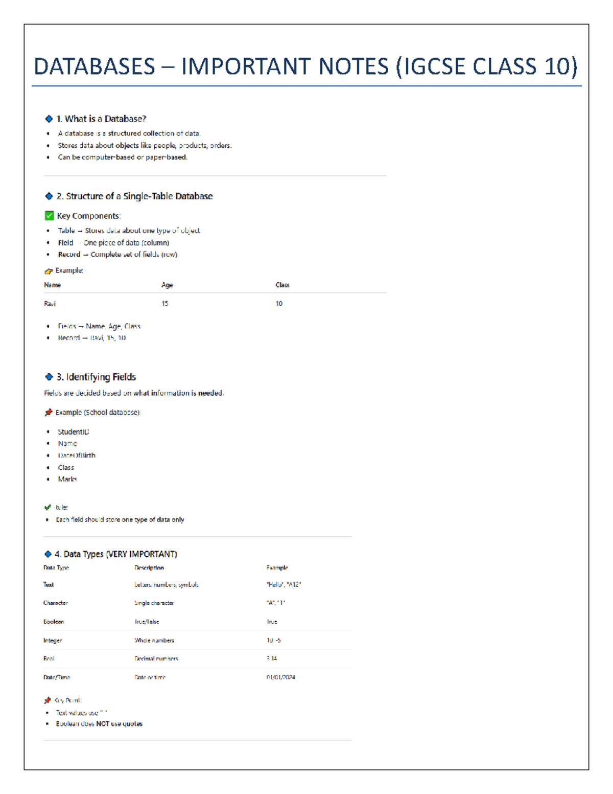 DATABASES IMPORTANT NOTES (IGCSE CLASS 10) EXAM PRACTICE QUESTIONS ...