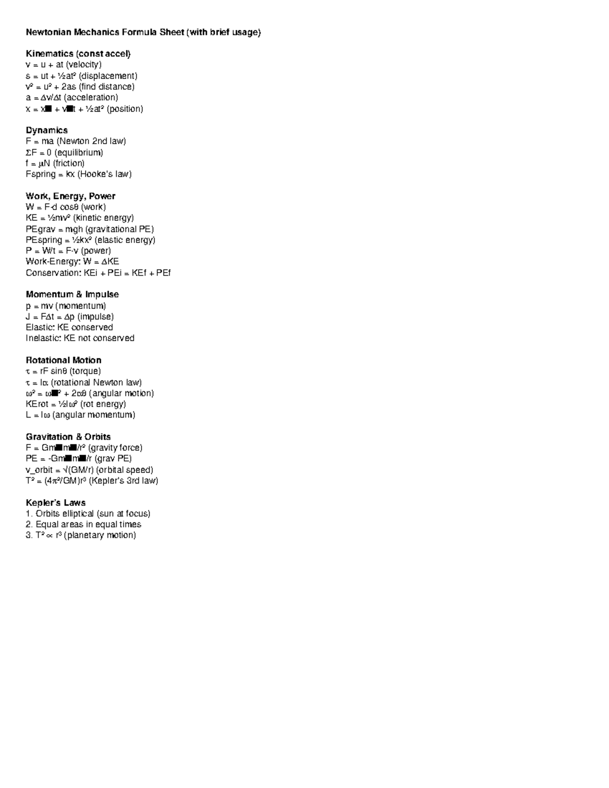 Newtonian Mechanics Formula Sheet: Kinematics & Dynamics Overview - Studocu