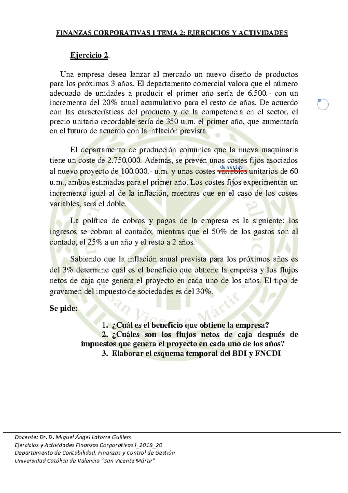 Ejercicios y Actividades Tema 2 Finanzas Corporativas I UCV 2019-2020 ...
