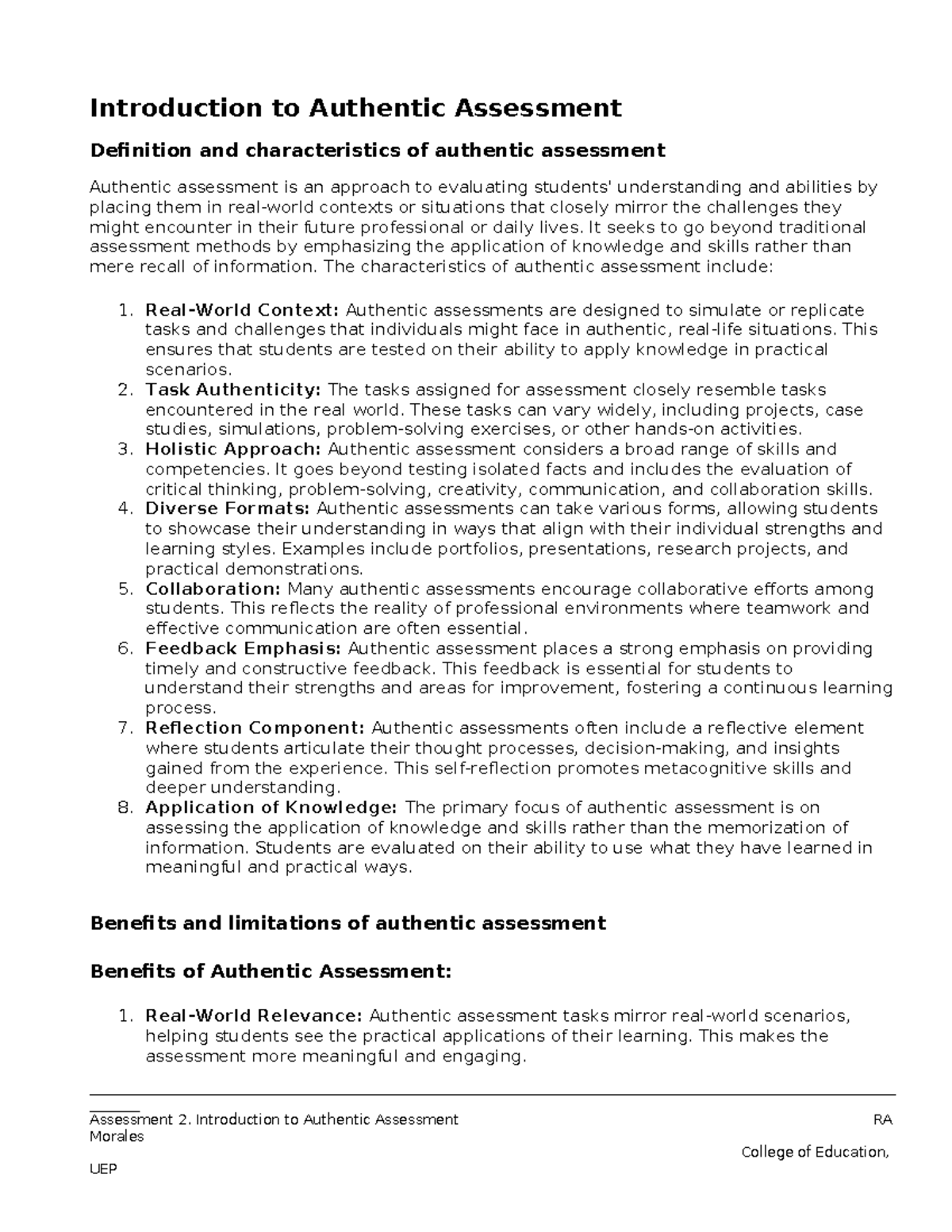 Assessment 2: Overview of Authentic Assessment Techniques and Practices ...