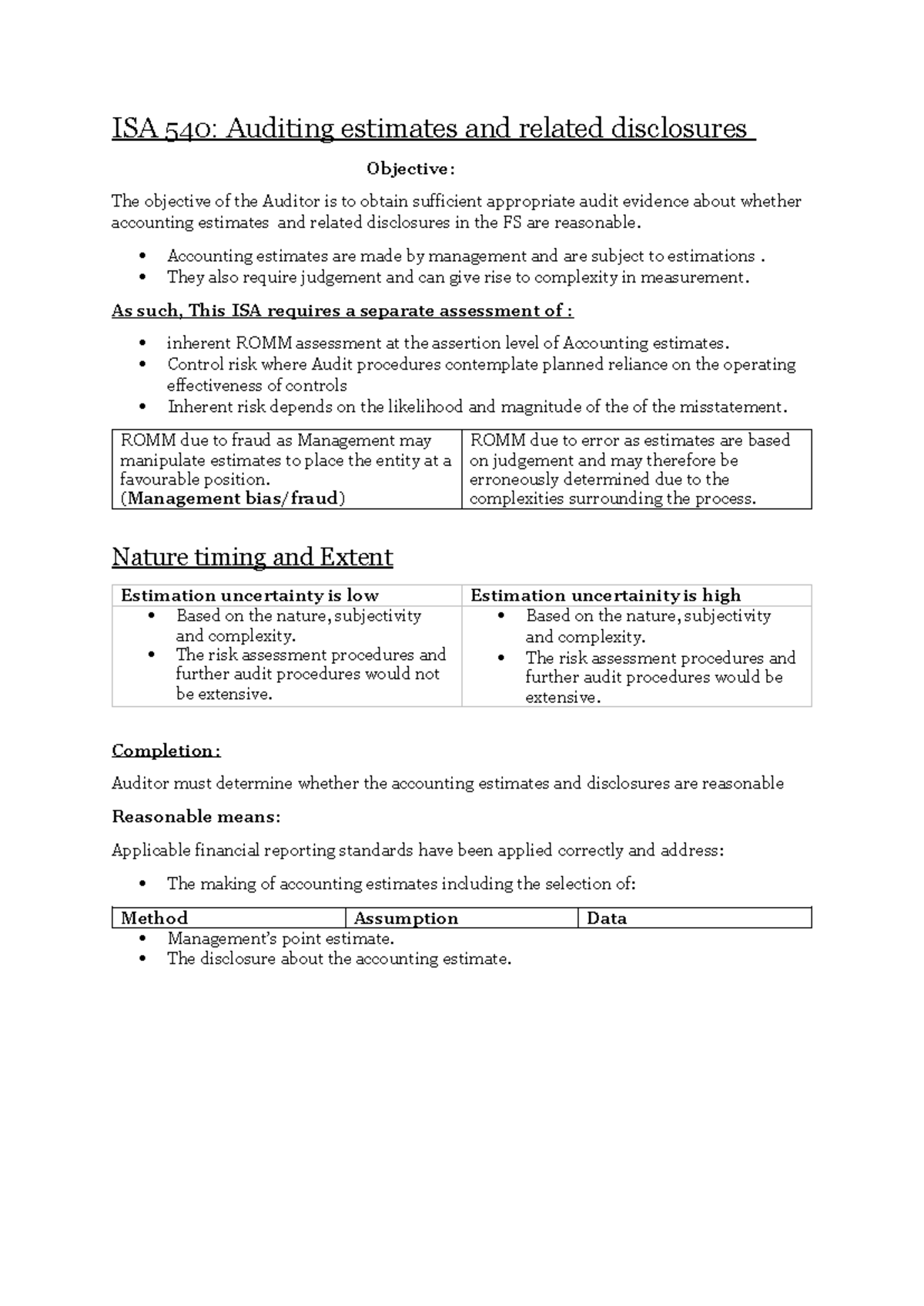 ISA 540: Auditing Estimates and Related Disclosures Overview - Studocu
