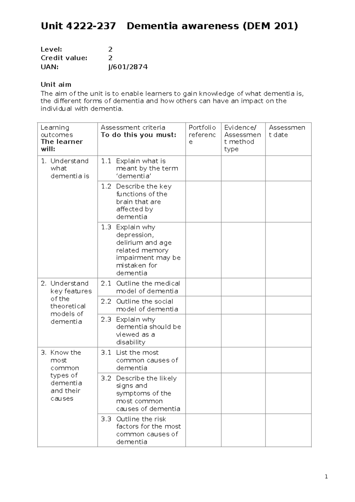 Unit 4222-237 Dementia Awareness Logbook: Level 2 Assessment Guide ...