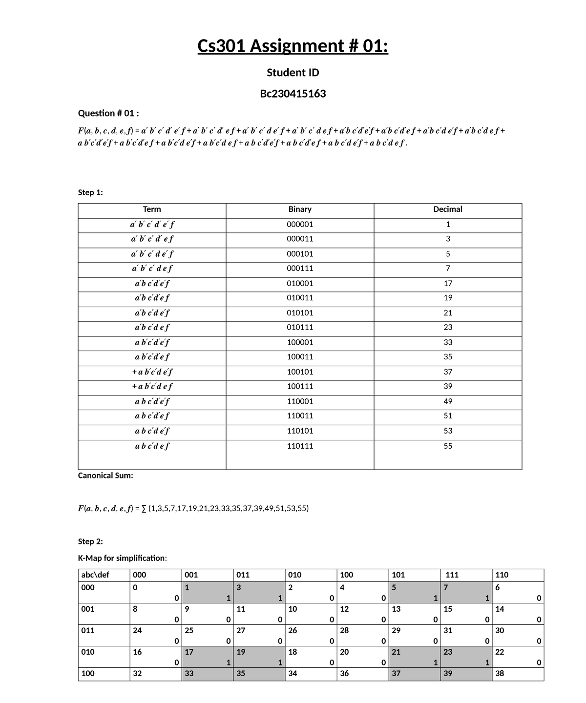 CS301 Assignment 01: Canonical Sum and Simplification Analysis - Studocu