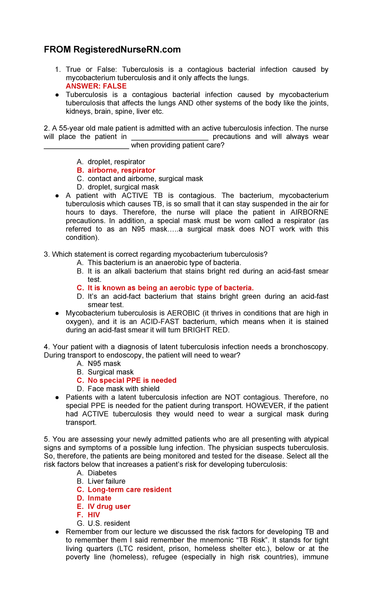 Tuberculosis (TB) Study Questions & Review for Nursing Exam - Studocu