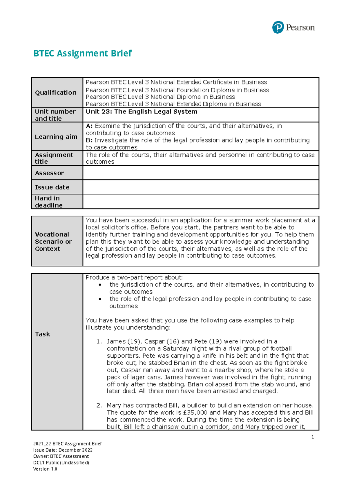 BTEC Level 3 Business Unit 23: The English Legal System Assignment ...