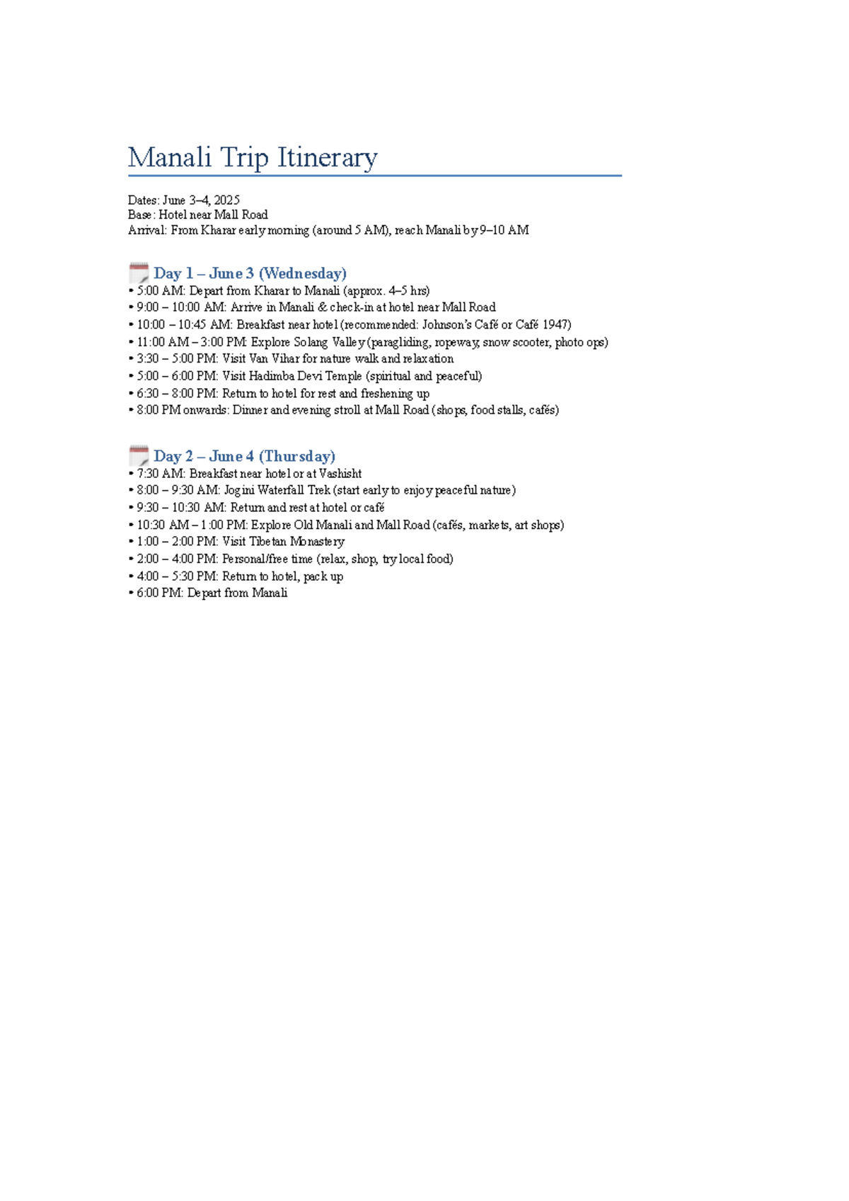 Manali Trip Itinerary: June 2025 Adventure Guide - Studocu