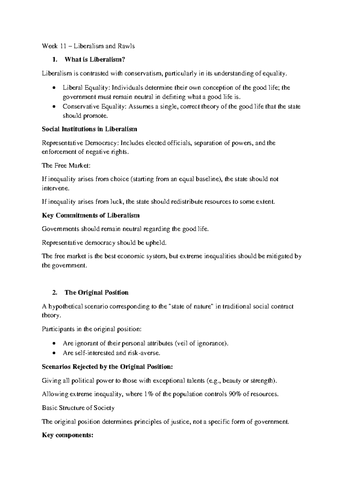 Week 11 Lecture Notes: Liberalism and Rawls' Principles of Justice ...