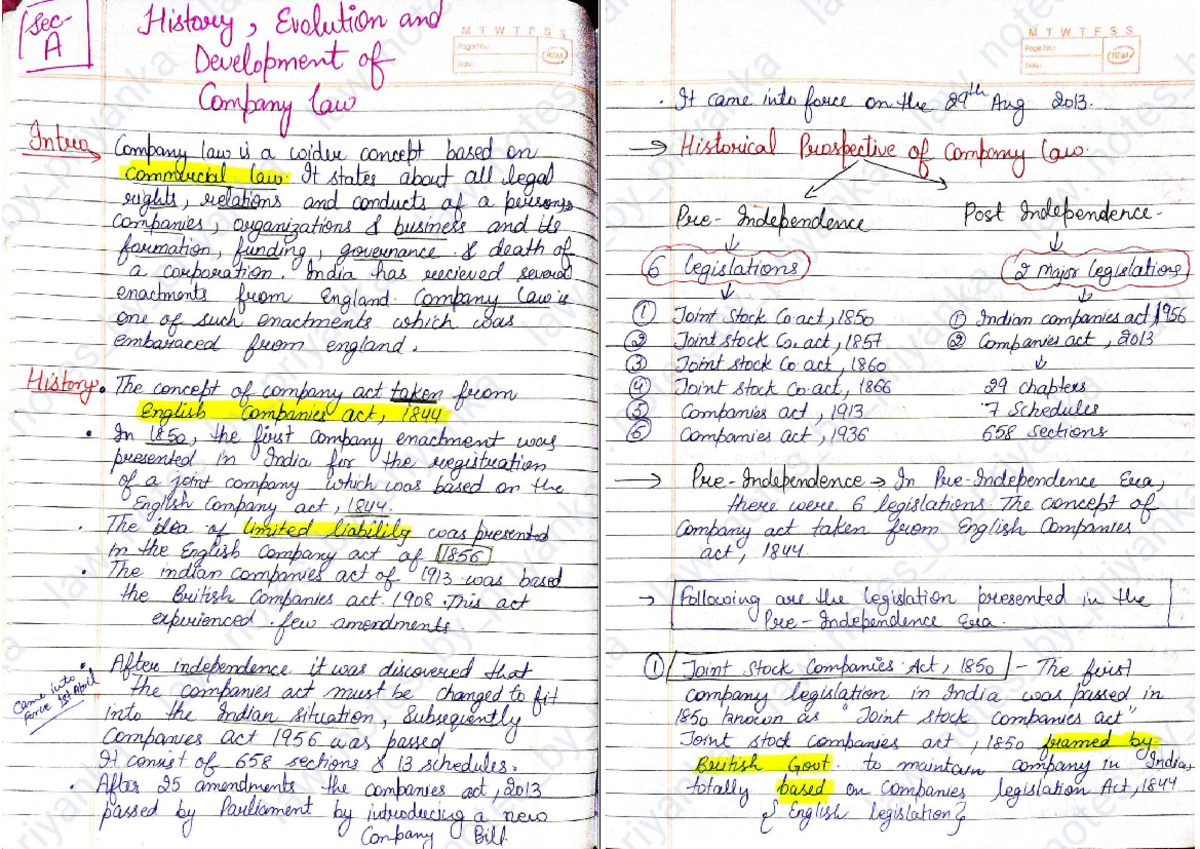 Company Law Handwritten Notes - Essential Study Guide - Document Preview