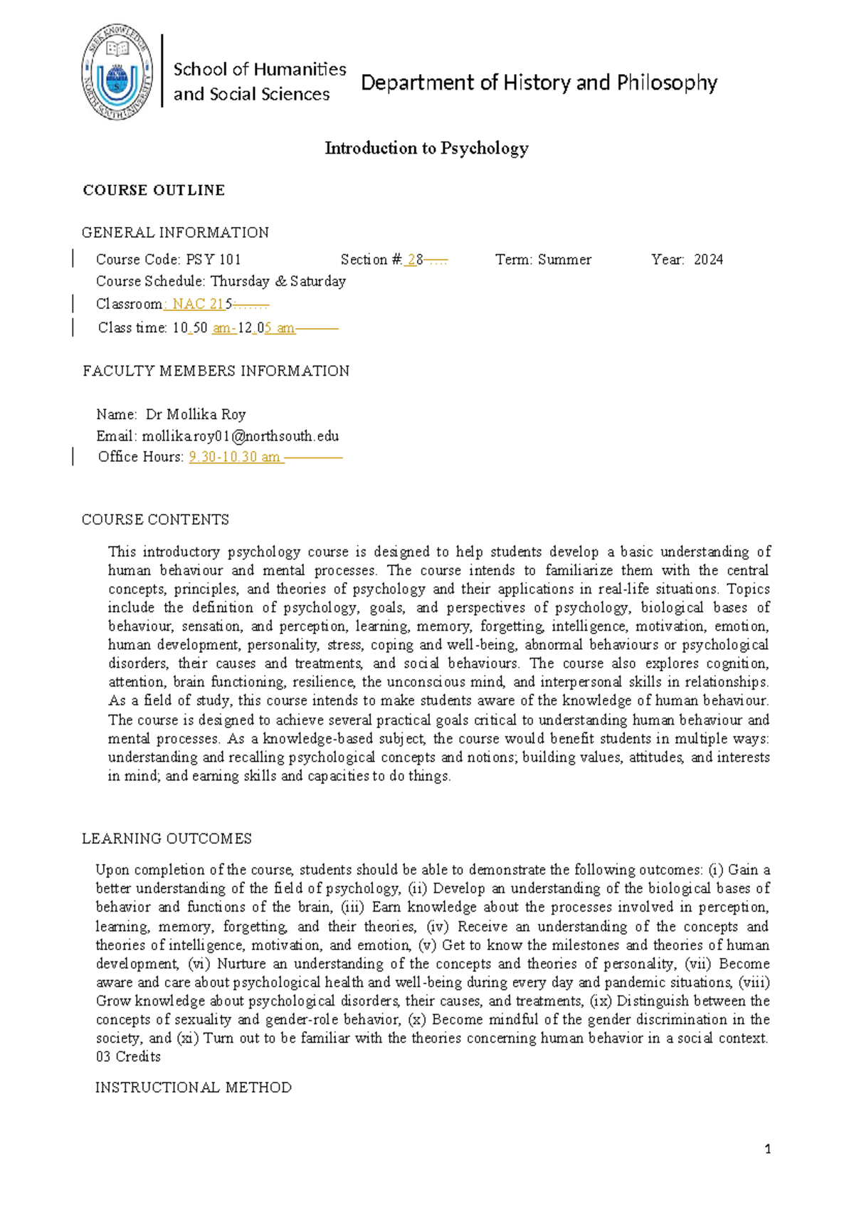 PSY 101 - Introduction to Psychology Course Outline (Summer 2024) - Studocu