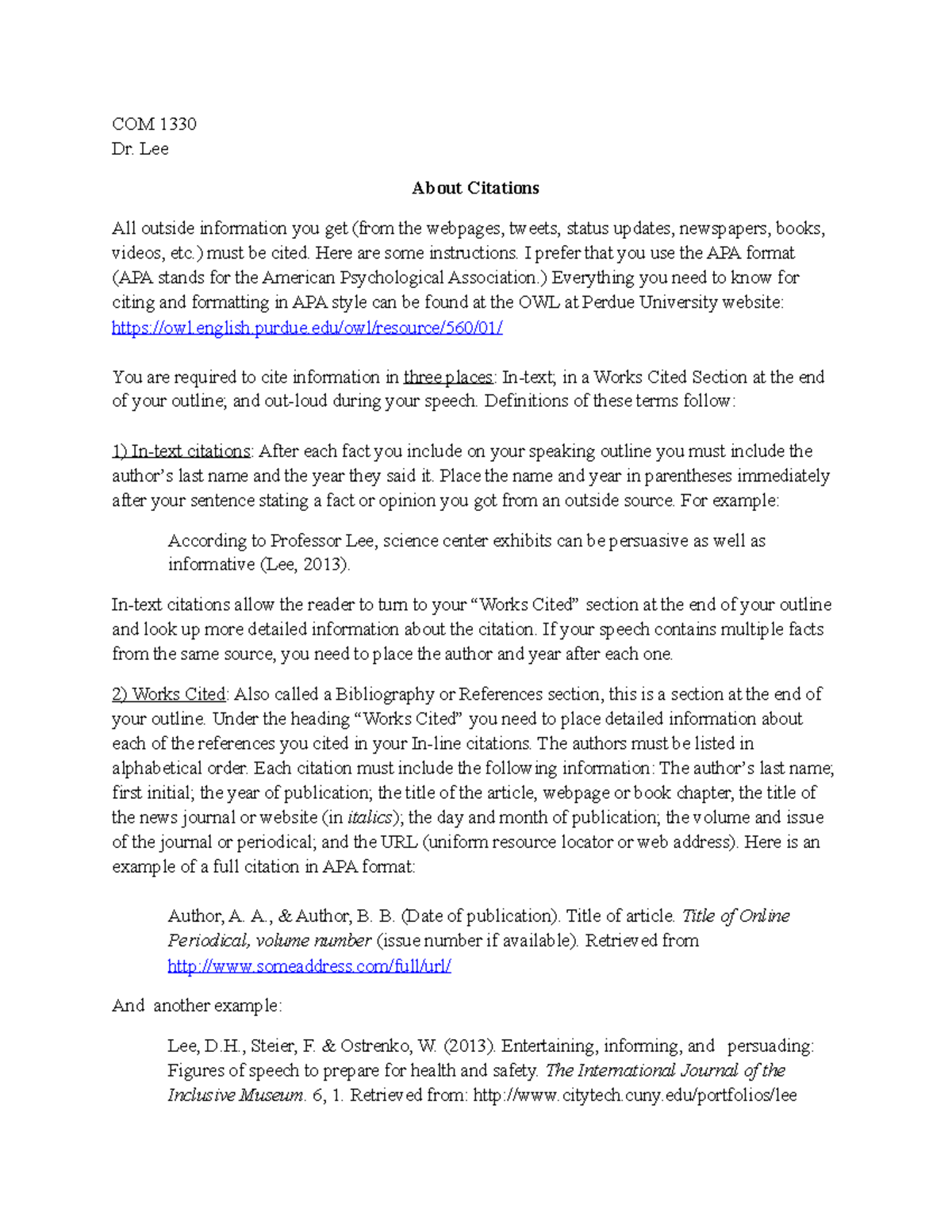 About Citations 1 - Lecture notes 1/ 5-7 pm - COM 1330 Dr. Lee About ...