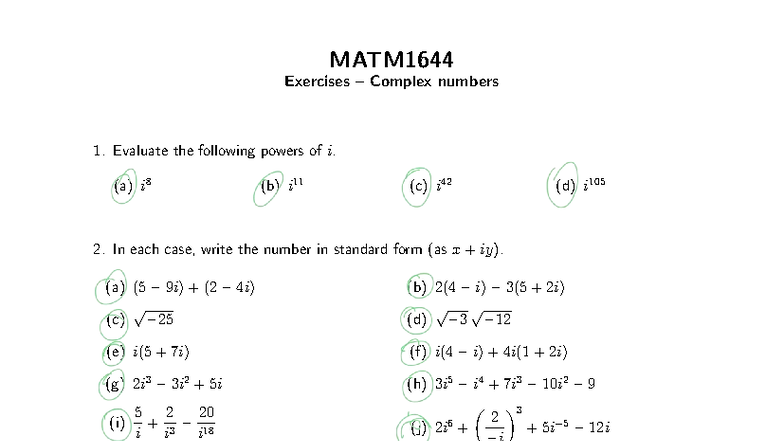 MATM1644 Complex Numbers Exercises and Solutions - Studocu
