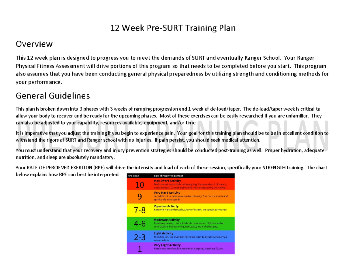 SURT 12 Week Training Plan for Ranger School Preparation - Studocu