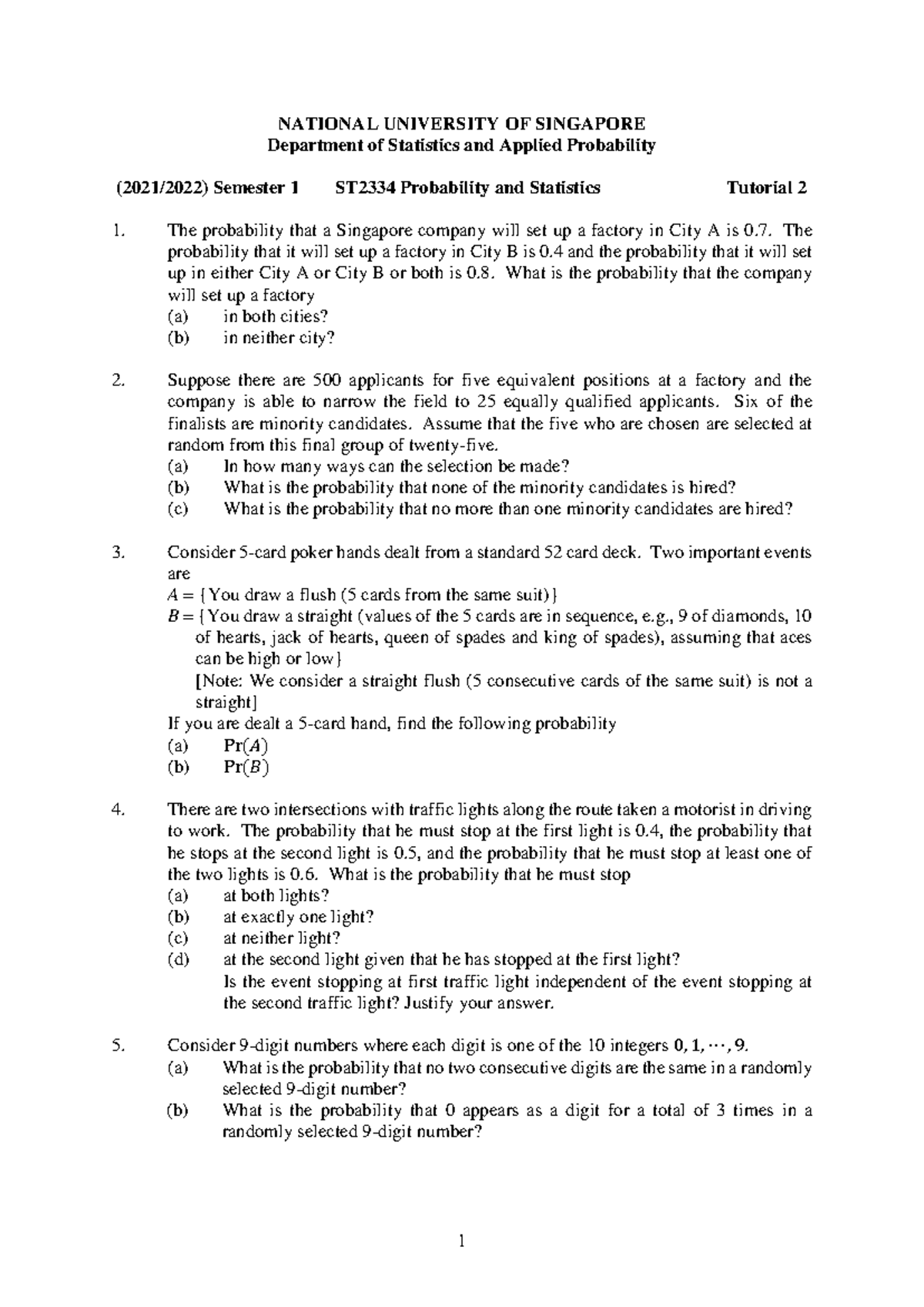 ST2334 21S1 Tutorial 2 - 1 NATIONAL UNIVERSITY OF SINGAPORE Department ...