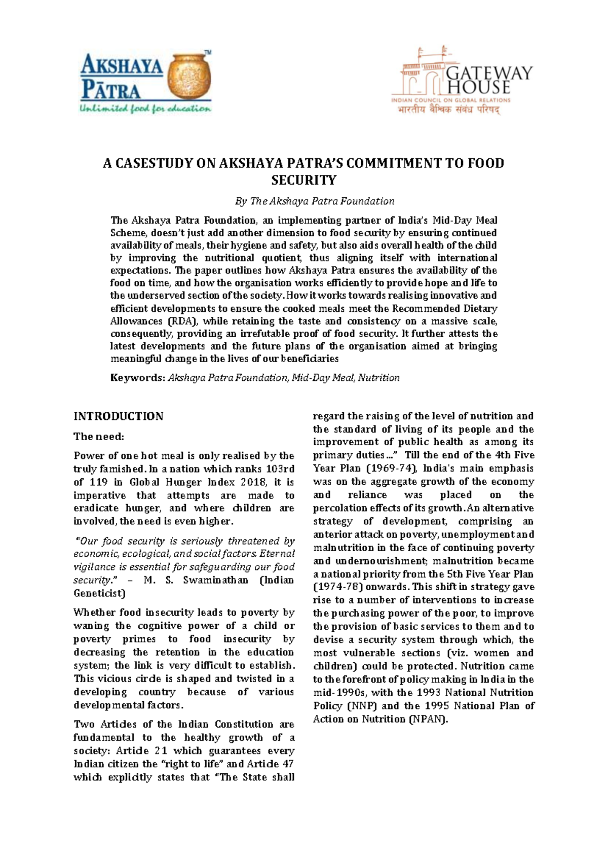 Case Study on Akshaya Patra's Commitment to Food Security (TAPF) - Studocu