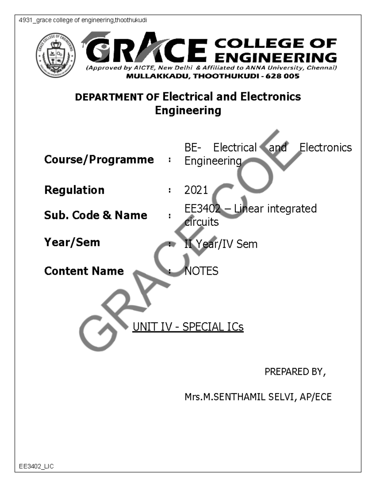 EE3402 Linear Integrated Circuits: Unit IV Lecture Notes - Studocu