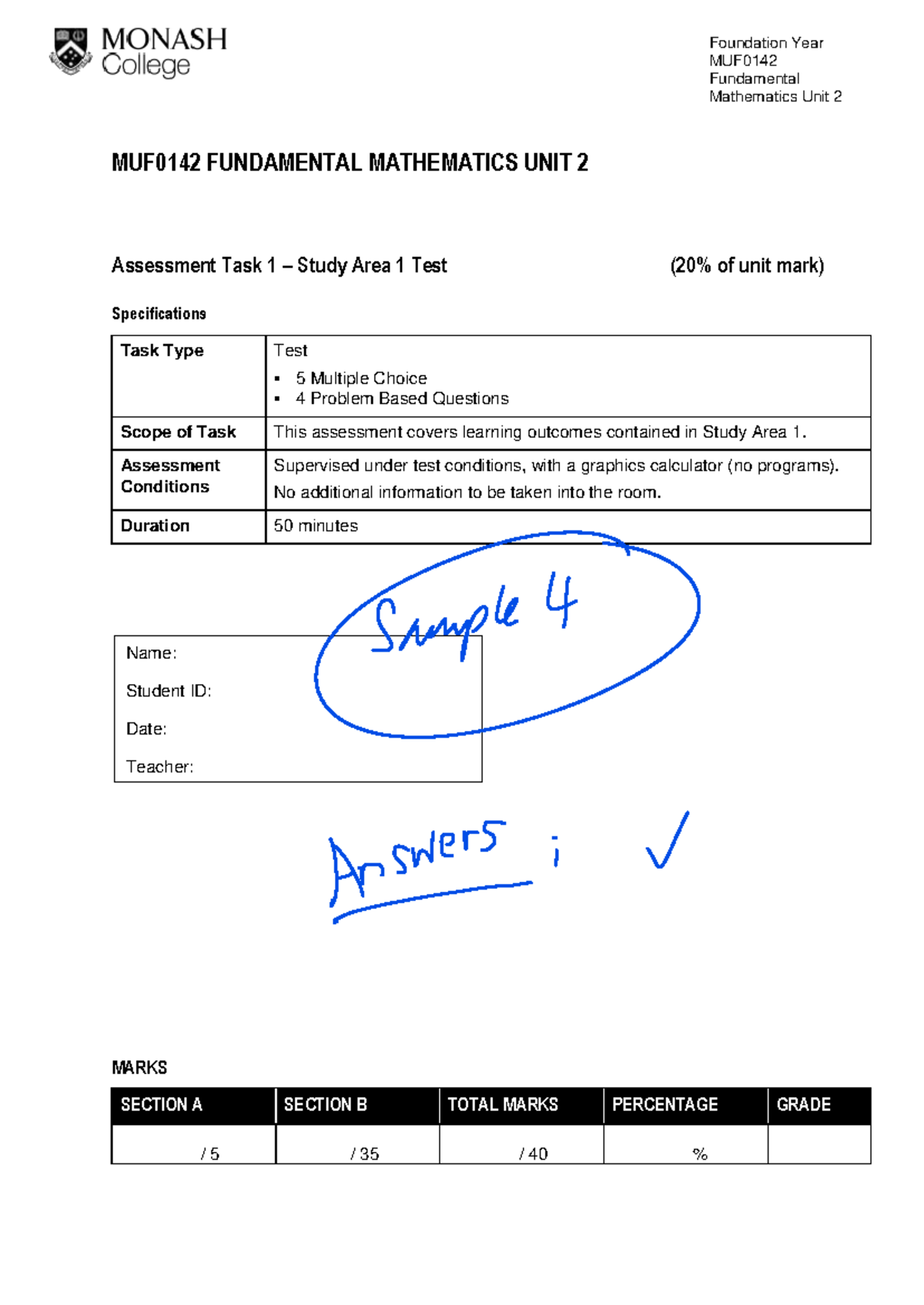 MUF0142 Fundamental Mathematics Unit 2 SA1 Test Sample Answers - Studocu