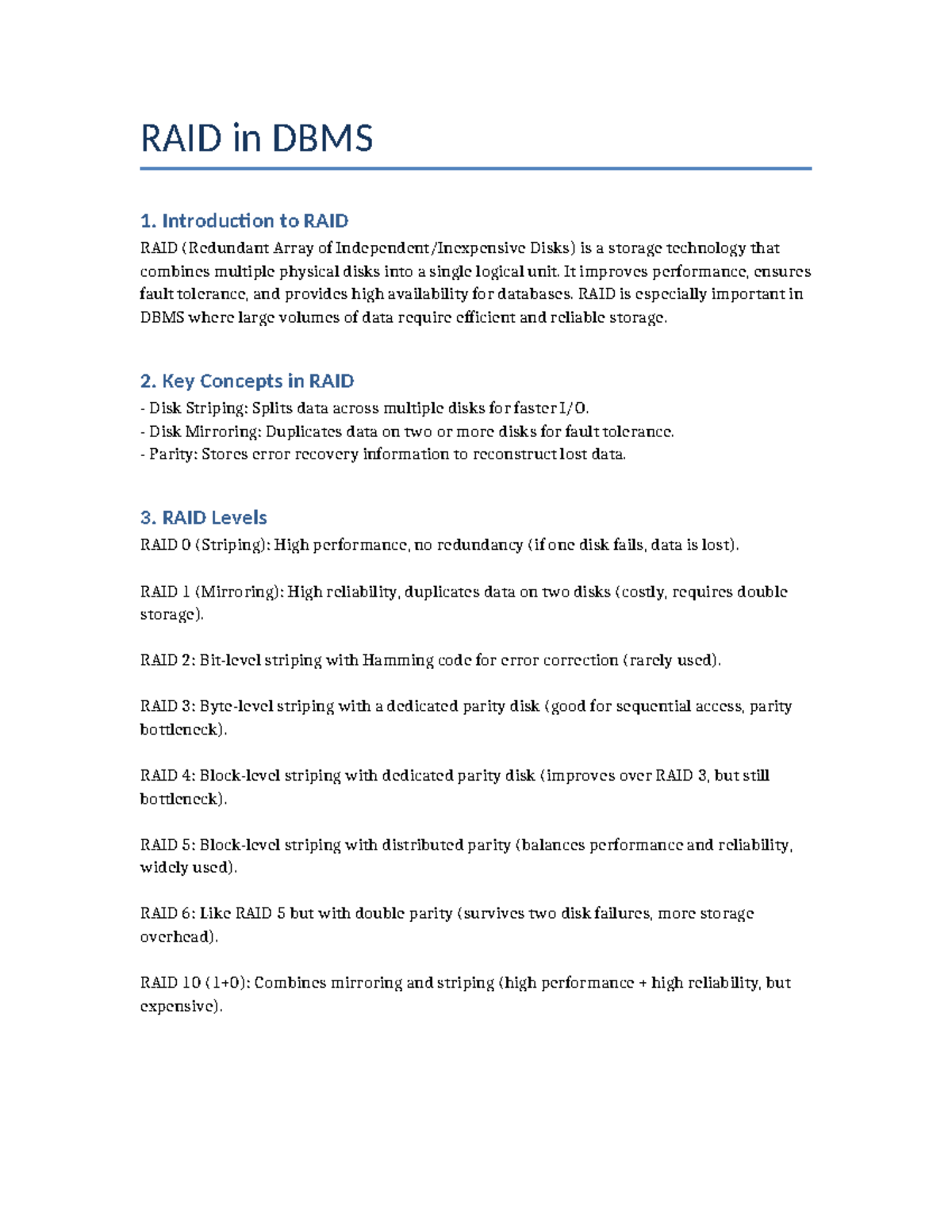 RAID in DBMS: Key Concepts and Levels Explained - Studocu