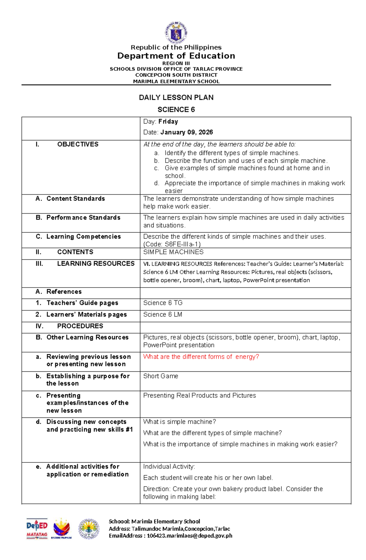 Daily Lesson Plan: Science 6 - Simple Machines (Jan 9, 2026) - Studocu