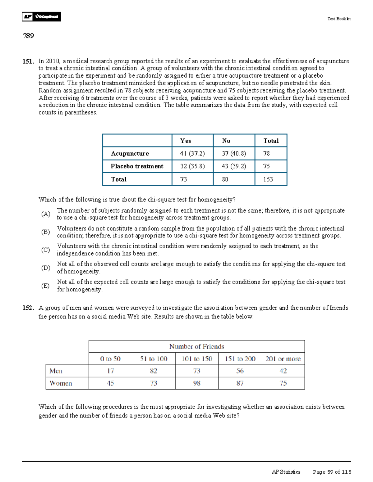 Unit 8-9 TB MCQ - AP Statistics Practice Test Booklet 789 - Studocu