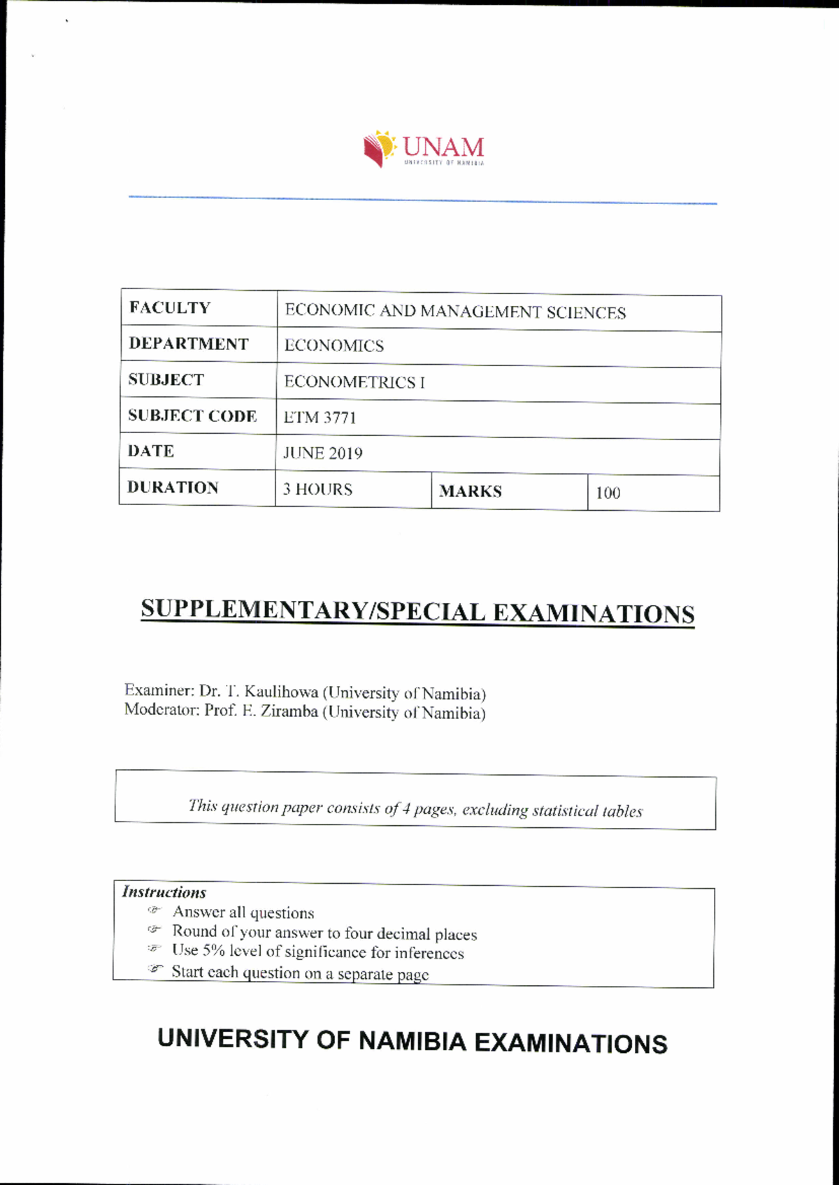 Econometrics Exam ETli{ 3771 - June 2019 Questions - Studocu