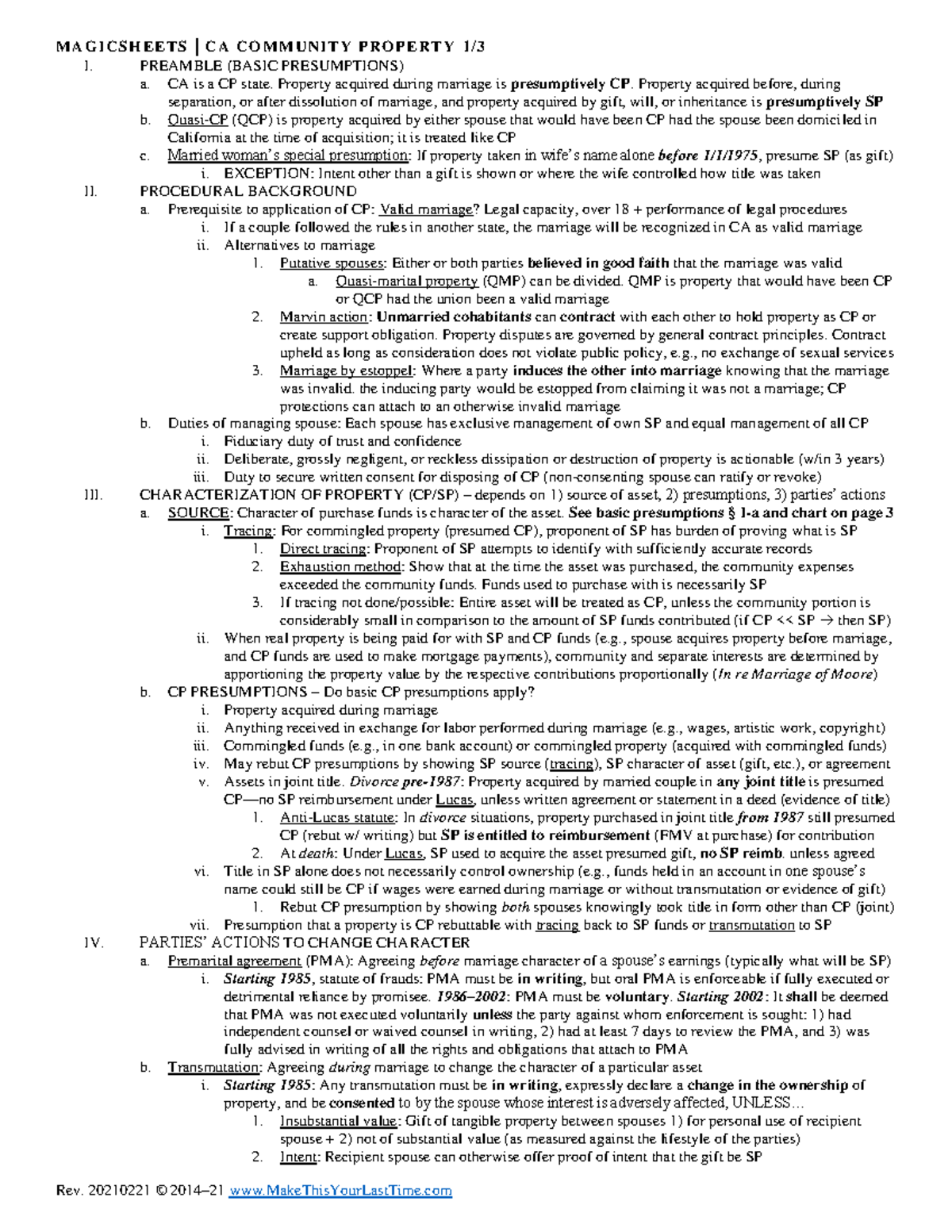 CA Community Property Magic Sheets - Key Concepts & Presumptions - Studocu