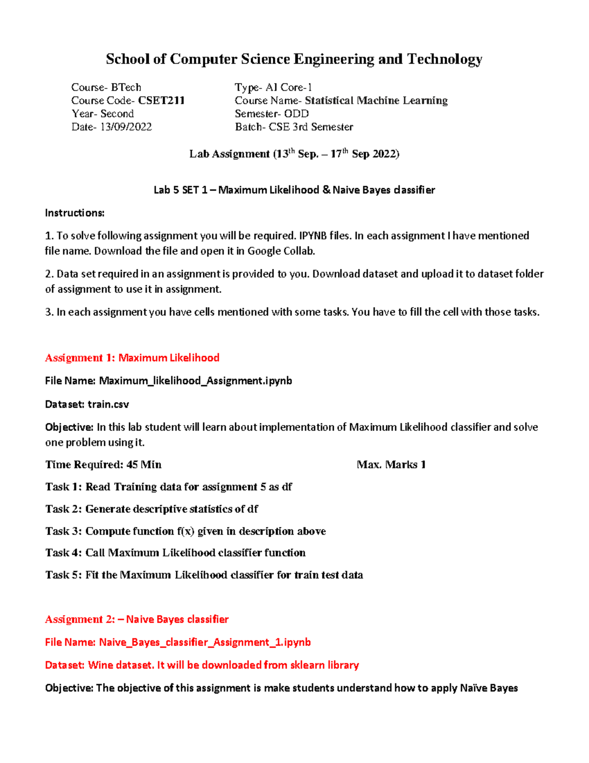 CSET211 Lab Assignment 5: Max Likelihood & Naive Bayes Overview - Studocu