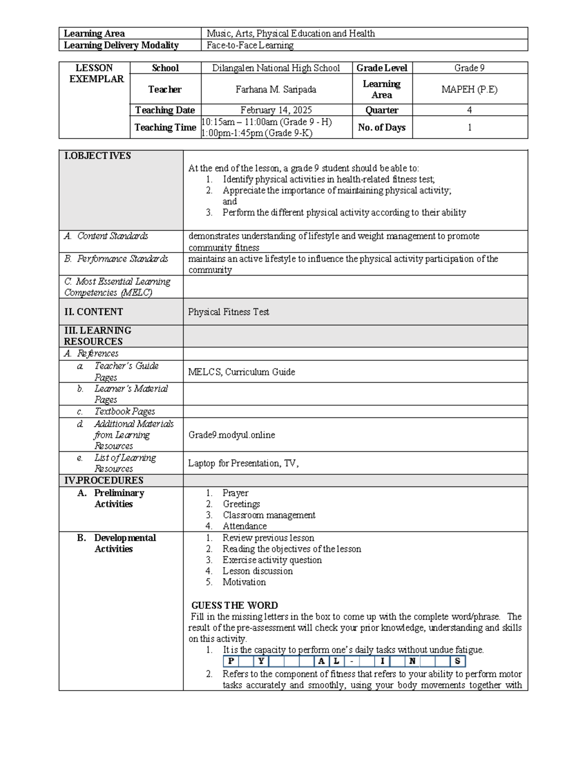 FEB. 14 Lesson Plan - Grade 9 PE & Health (MAPEH) - Studocu