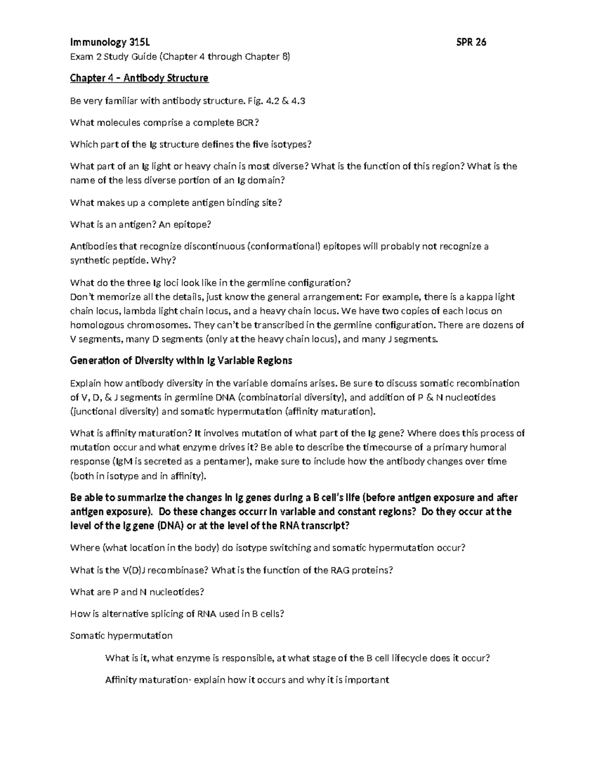 Immunology 315L Exam 2 Study Guide: Key Concepts from Chapters 4-8 ...