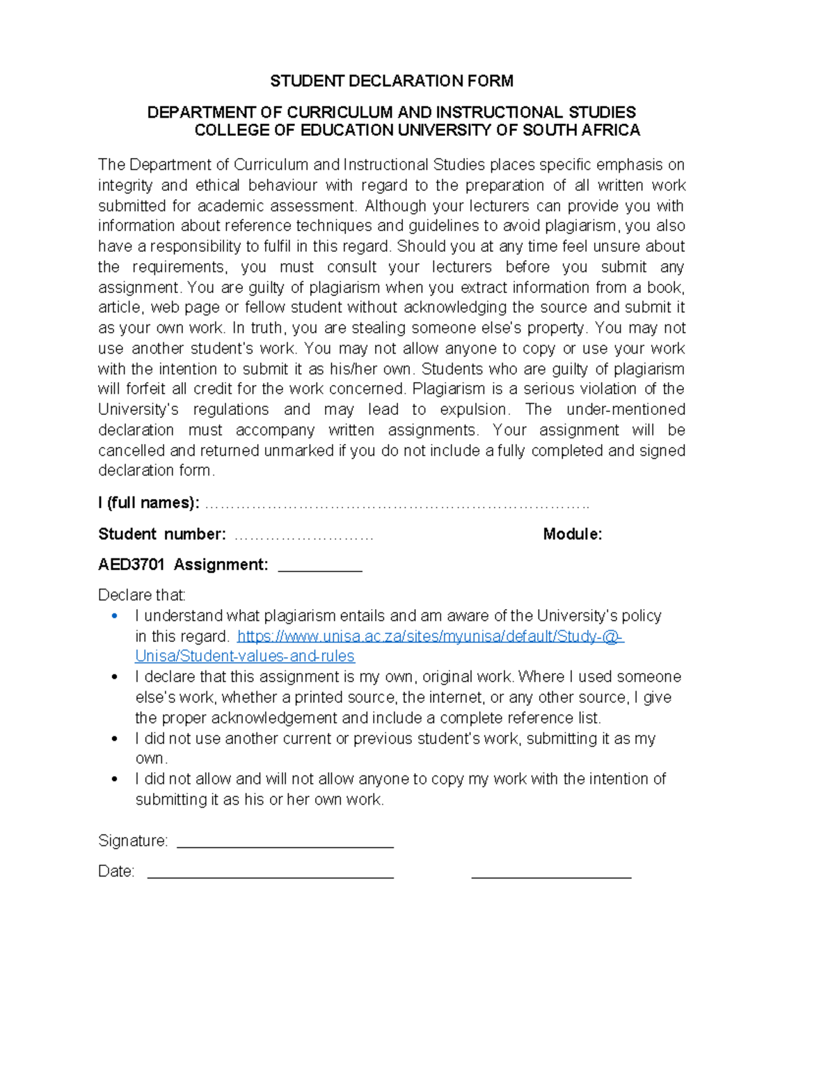 AED3701 Student Declaration Form on Plagiarism Awareness - Studocu