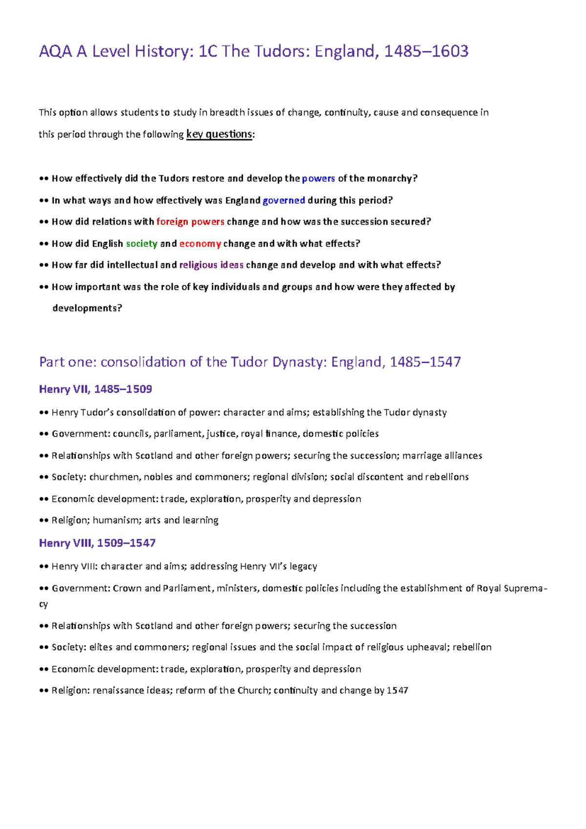 AQA A Level History: 1C The Tudors Revision Guide - Studocu