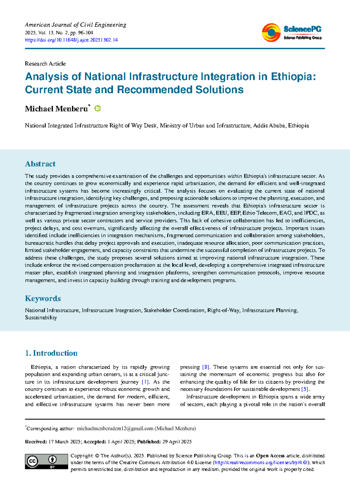 Analysis of National Infrastructure Integration in Ethiopia: Challenges ...