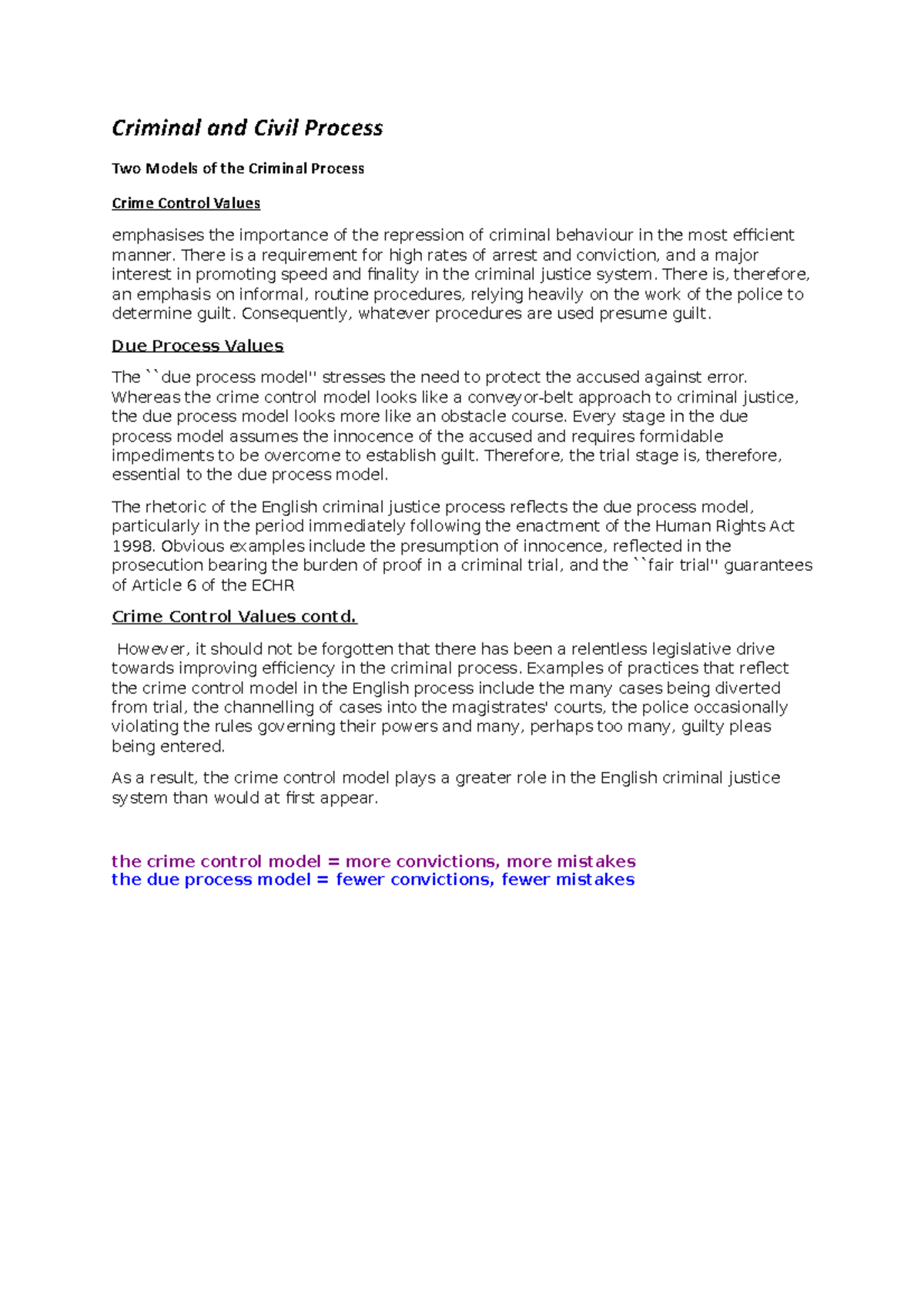 Crime Control vs. Due Process: Exploring Two Models of Justice - Studocu