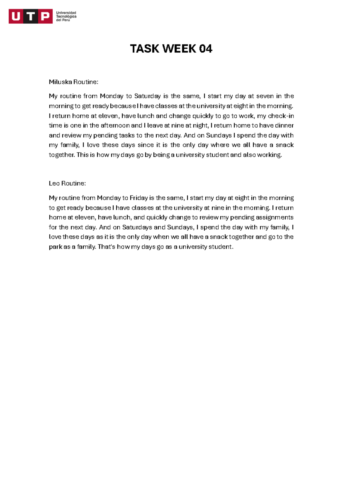 TASK WEEK 04 - Student Daily Routines and Family Time - Studocu