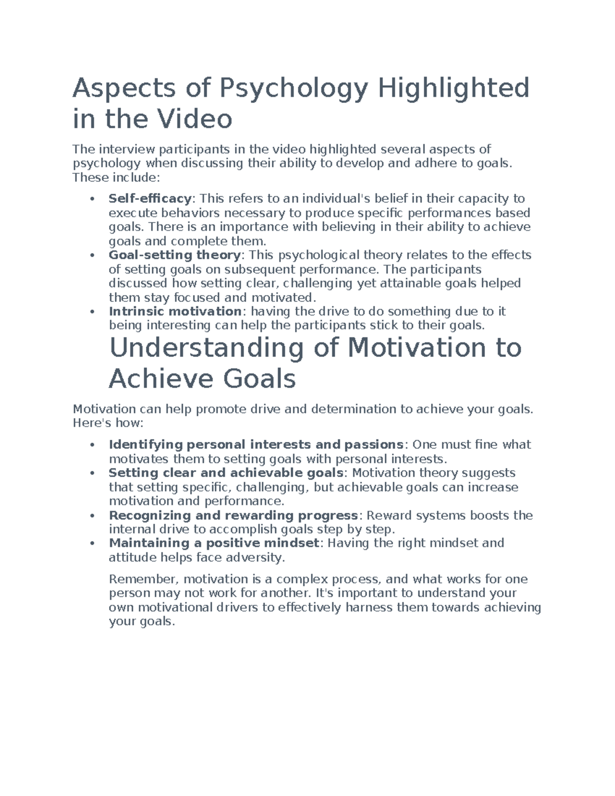 Week 5 Video Response: Key Psychological Aspects in Goal Setting ...