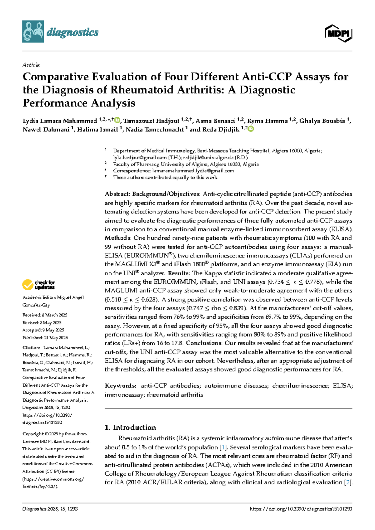 Comparative Analysis of RA Diagnostic Assays: Performance Evaluation ...