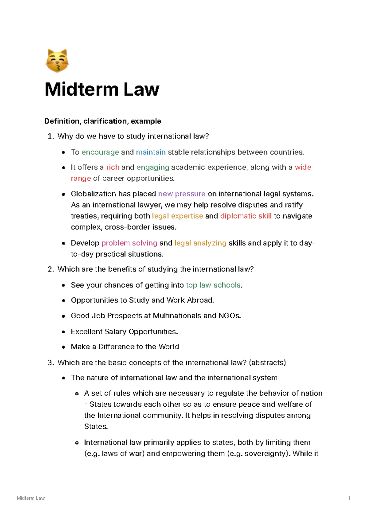 Midterm Law Notes: Key Concepts and Benefits of International Law - Studocu