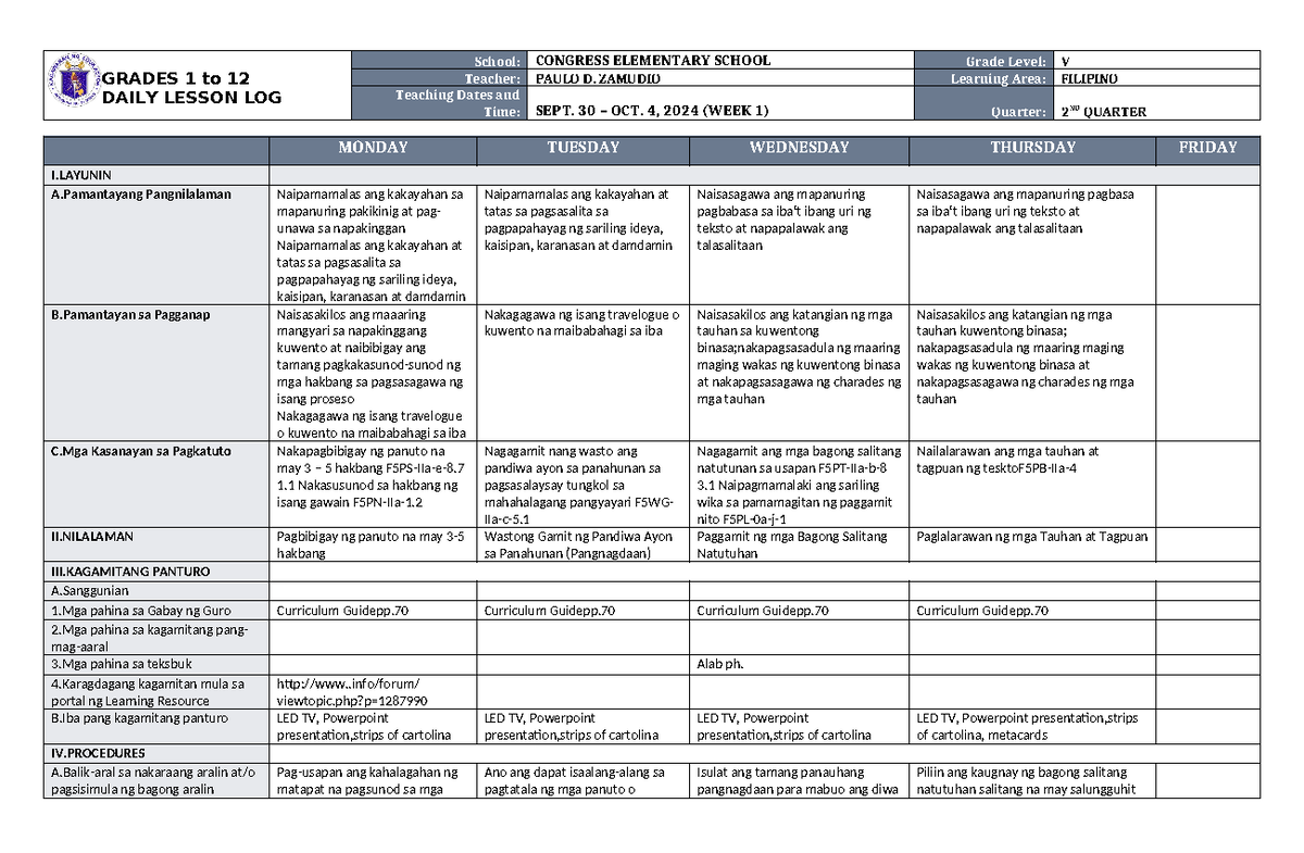 DLL MATH 5 Q2 W1 - GRADES 1 to 12 DAILY LESSON LOG School: CONGRESS ...