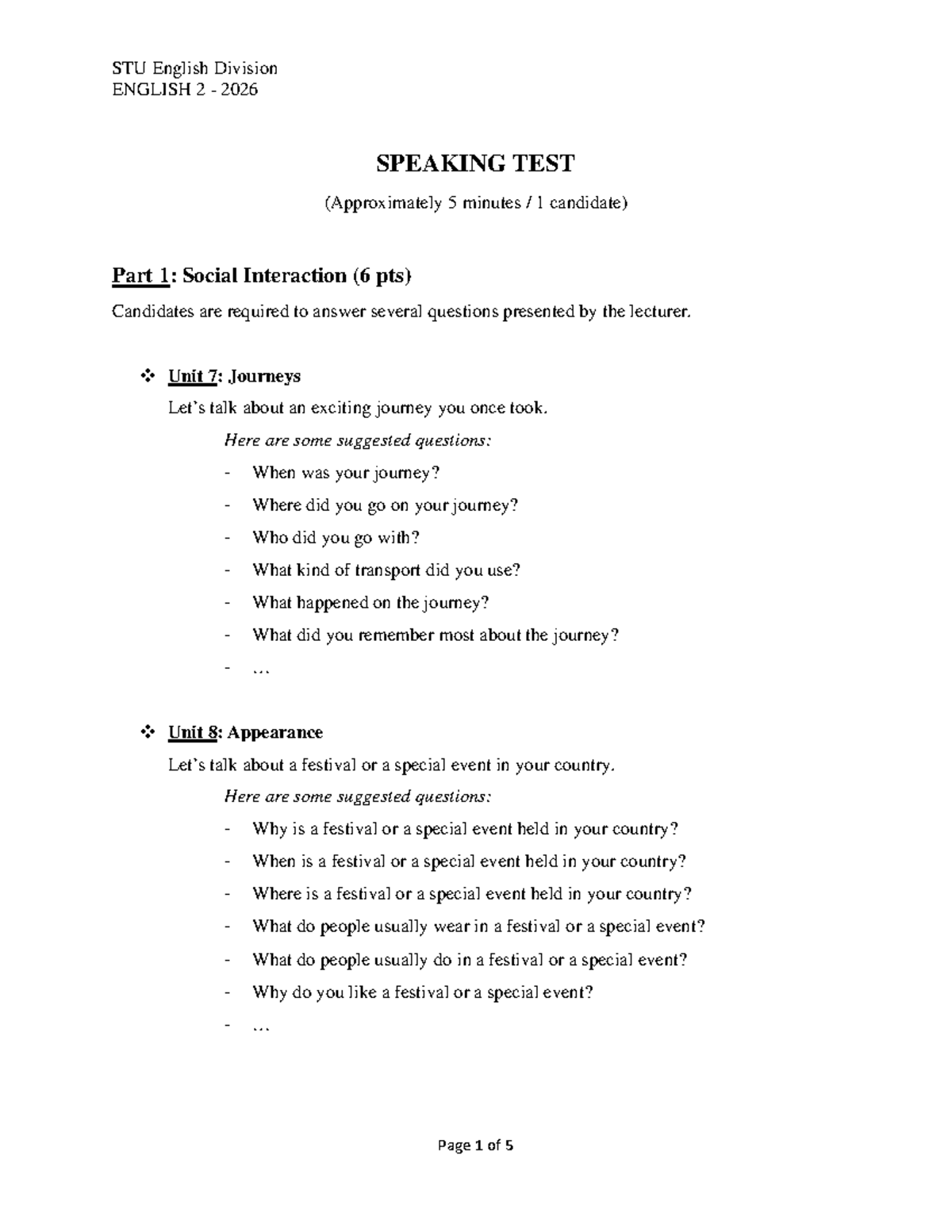 ENGLISH 2 2026 SPEAKING TEST: Social Interaction & Solutions - Studocu