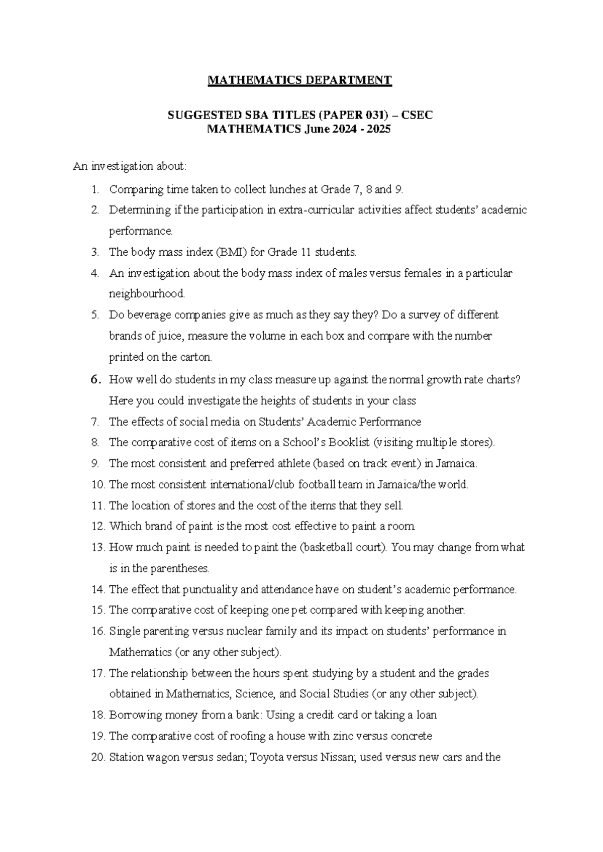 SBA Topics for CSEC Mathematics (Paper 031) 2024-2025 - Studocu