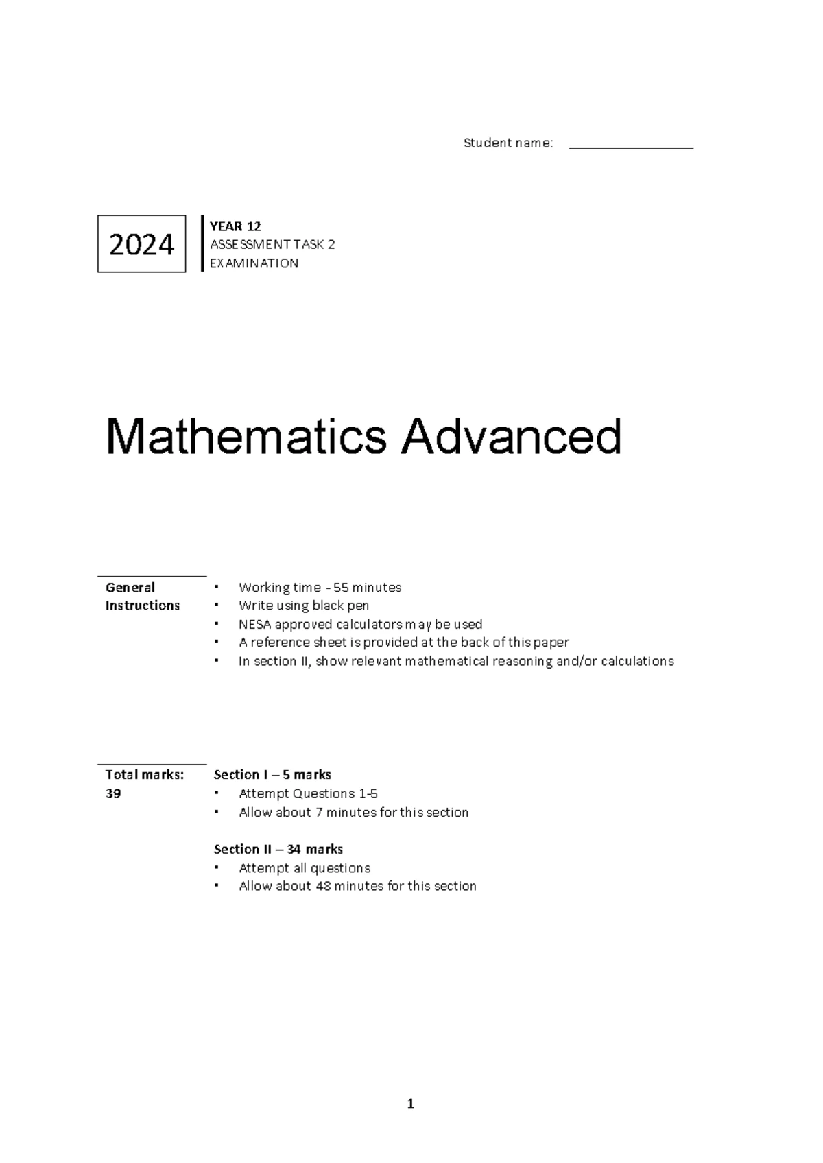 2024 HSC Adv Math Task 2: Examination & Assessment Details - Studocu