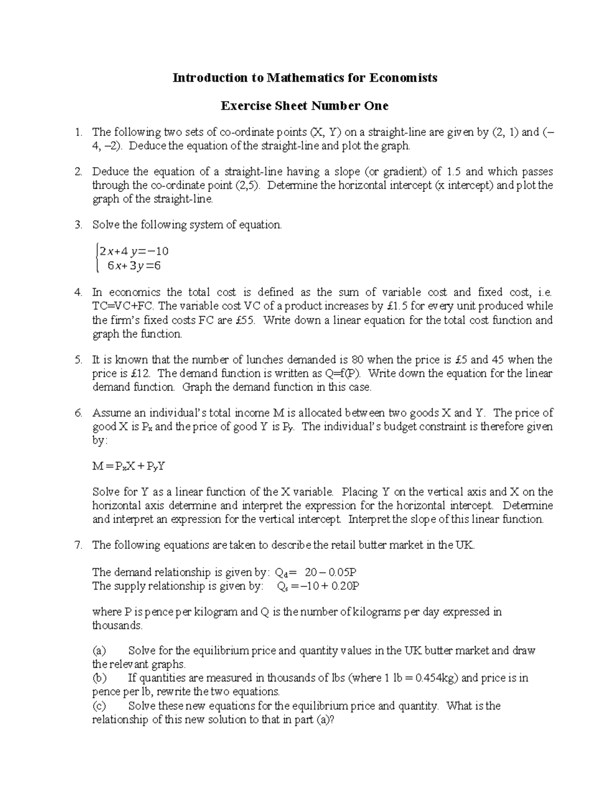 X1 linear functions - Introduction to Mathematics for Economists ...