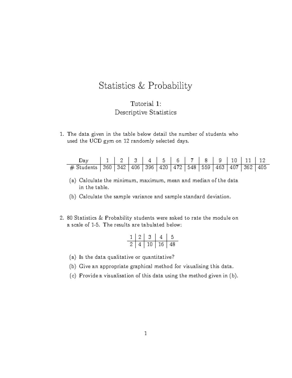 Statistics Probability Tutorial 1: Descriptive Stats Practice Sheet ...