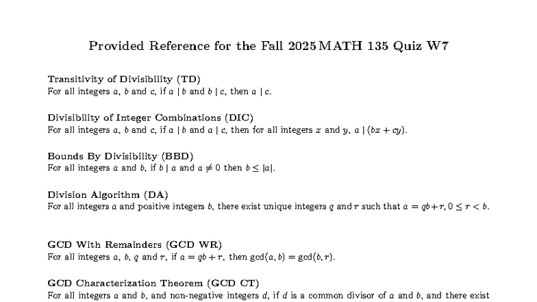 MATH 135 Fall 2025 Quiz W7 Reference: Key Formulas on Divisibility ...