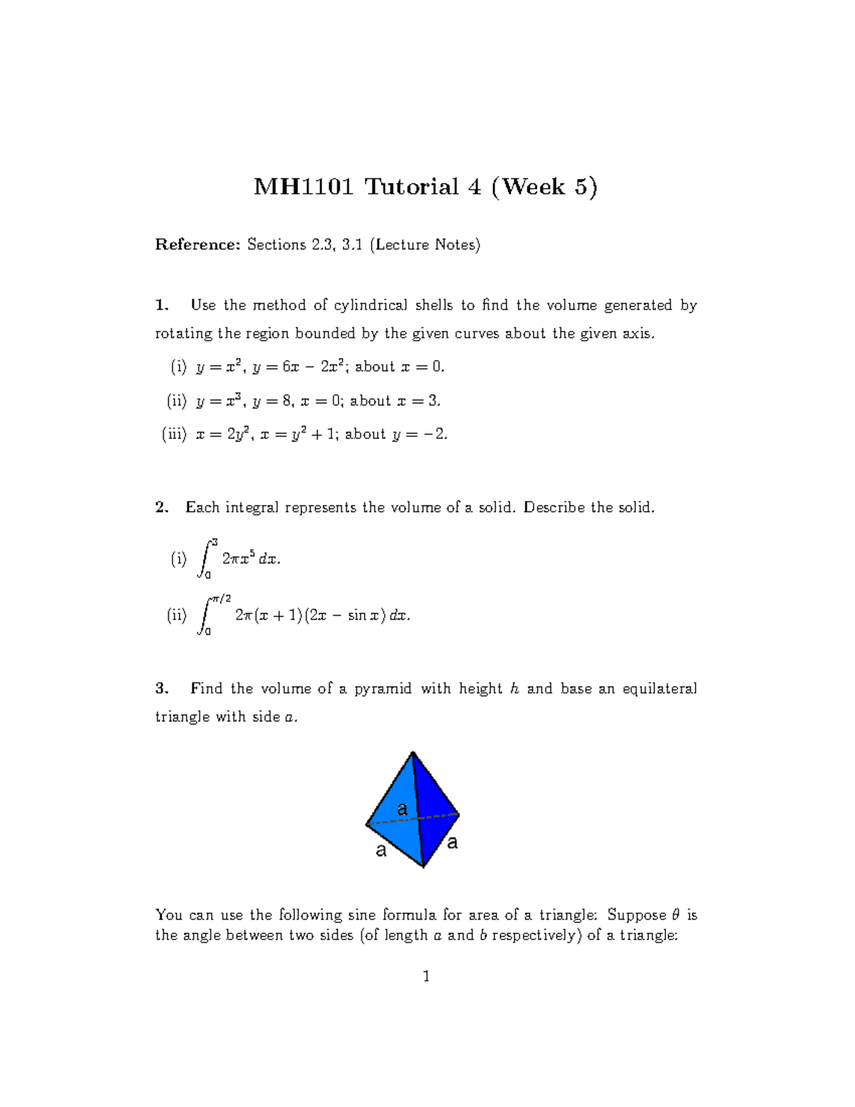MH1101 Tutorial 4: Cylindrical Shells & Volume Calculations - Studocu