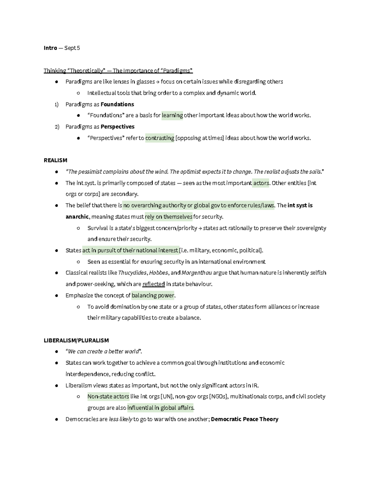 International Relations • Lecture Notes on Paradigms & Theories - Sept ...