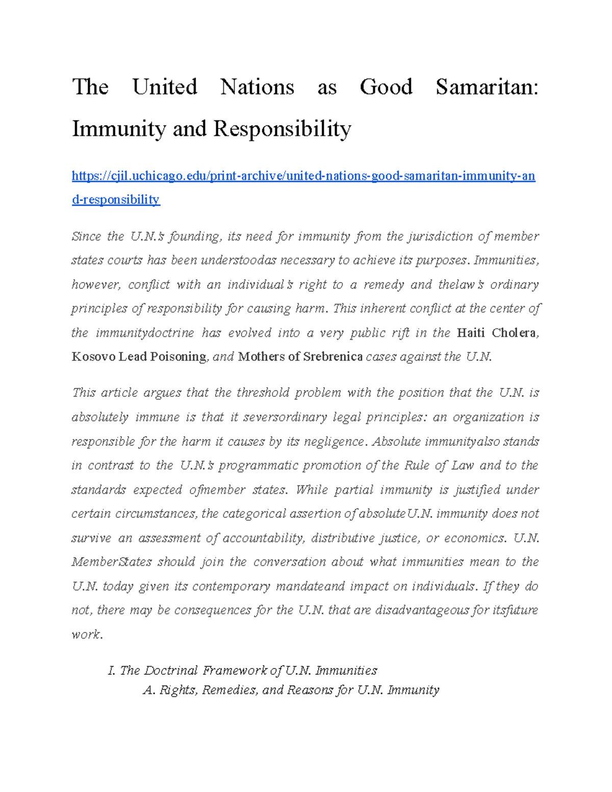 UN Immunity & Responsibility: A Good Samaritan's Dilemma - Studocu