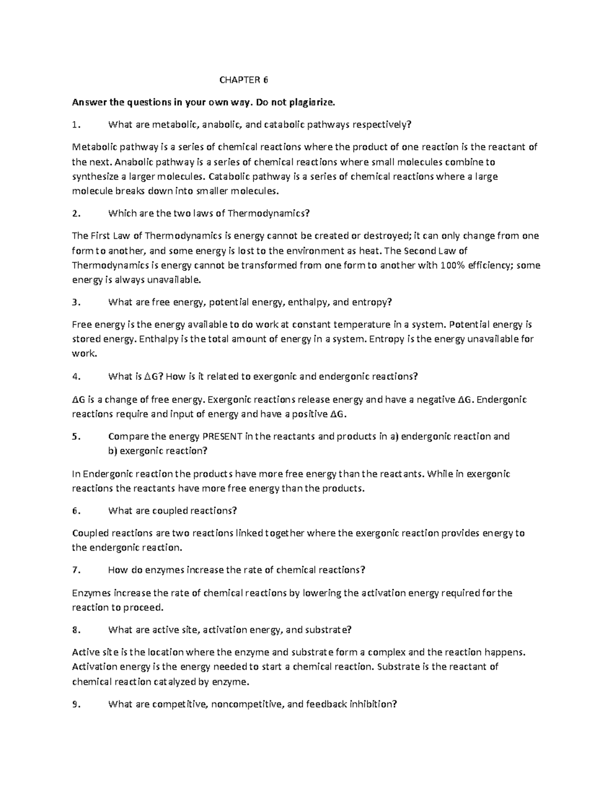 Biochemistry Review: Metabolic Pathways & Enzyme Mechanisms (CHAPTER 6 ...