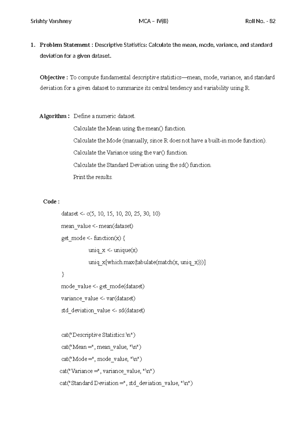 Descriptive Statistics and Data Analysis Techniques in R - MCA IV(B ...