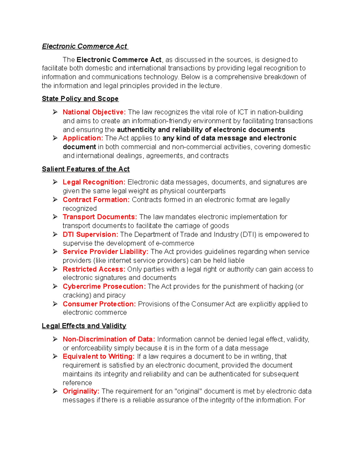 E-COM 101: Electronic Commerce Act Lecture Notes - Studocu